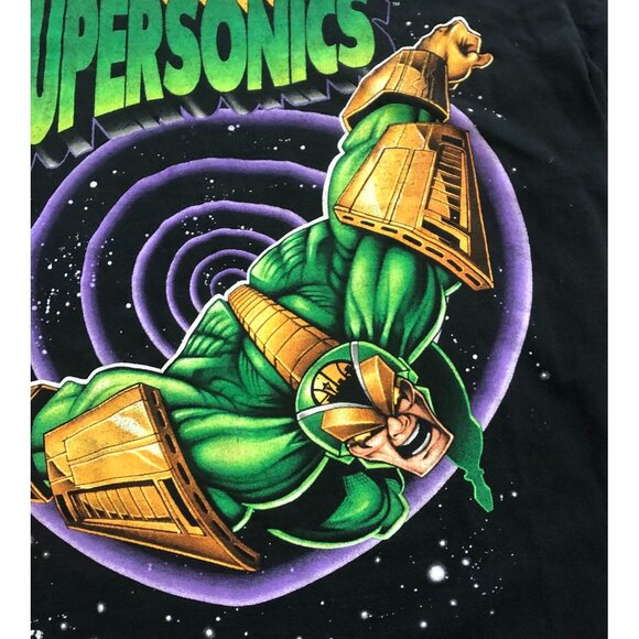Vintage Vtg 90s NBA Seattle Supersonics Super Hero Mens Medium Black T Shirt - Picture 3 of 10